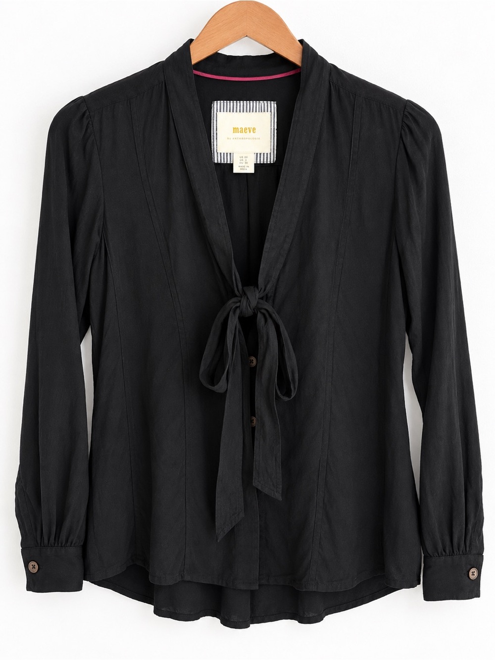 Maeve Anthropologie Black Tie Front Blouse 00 Rayon Button Down Minimalist